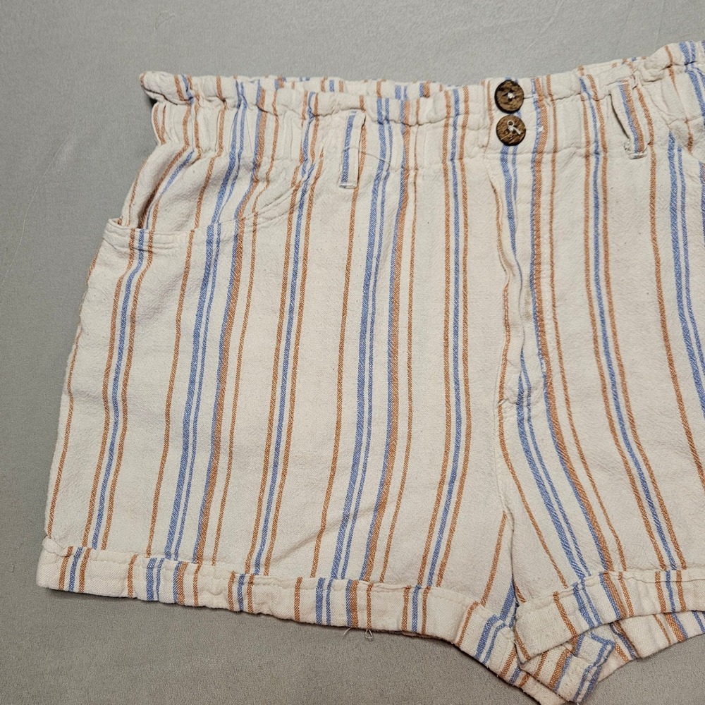 Rewind Striped Linen Blend Shorts Womens L Cream Blue Orange Paperbag Waist